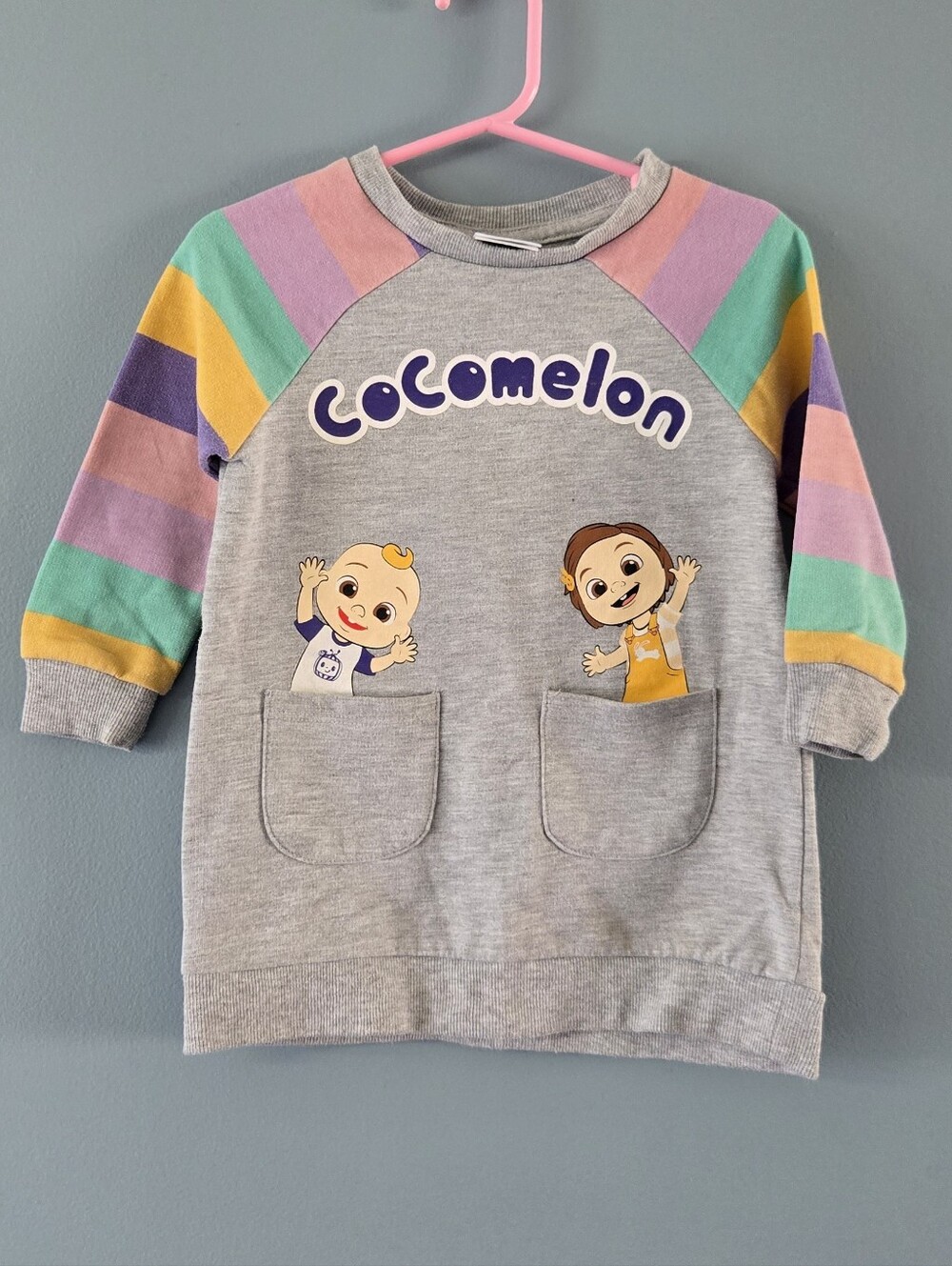 Gray Pullover Top with Colorful Striped Sleeves